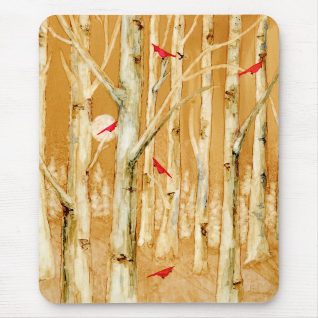 Birch Trees Red Cardinals Mouse Pad (Front)