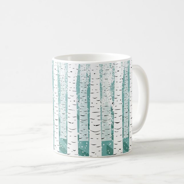Birch trees snowflakes winter woodland striped coffee mug (Front Right)