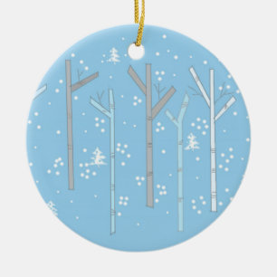 Birch Trees with Falling Snow Ceramic Ornament