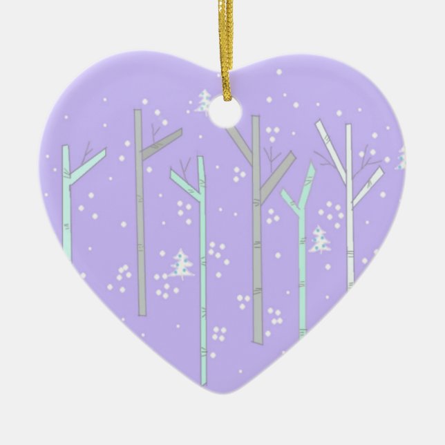 Birch Trees with Falling Snow Ceramic Ornament (Front)