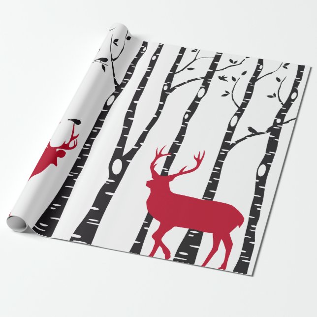 Birch trees with red Christmas deer and birds Wrapping Paper (Unrolled)