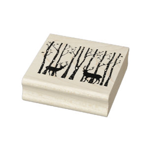 Birch trees with reindeer,  Christmas Rubber Stamp