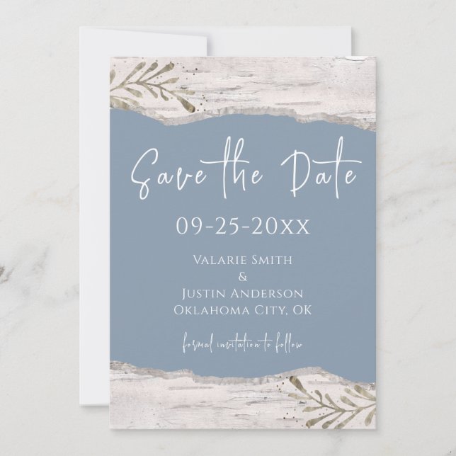 Birch Wood Dust Blue Wedding Save the Date Invitation (Front)