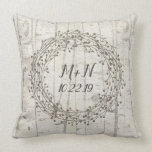 Birch wood wreath monogram wedding throw pillow<br><div class="desc">A lovely keepsake for the newlyweds (great anniversary gift also!)</div>