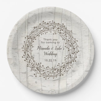 Birchwood wedding decor, rustic birch wood wreath paper plate