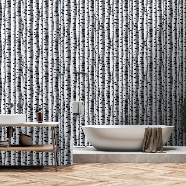 Birchwoods tree pattern black white seamless art wallpaper (Bathroom)