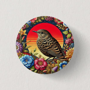 Bird Amid Colourful Flowers 1 Inch Round Button
