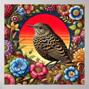 Bird Amid Colourful Flowers Poster