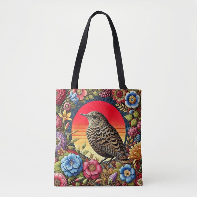 Bird Amid Colourful Flowers Tote Bag (Front)
