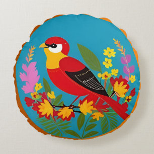 🌿 Bird Among Flowers Nature Decor 🐦 Round Pillow
