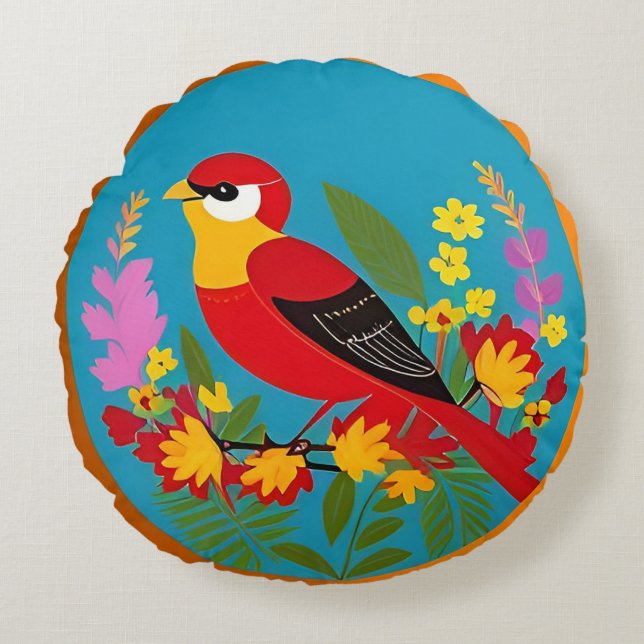 🌿 Bird Among Flowers Nature Decor 🐦 Round Pillow (Front)