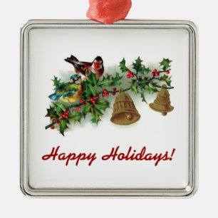 Bird And Bells On Holly Branch Metal Ornament