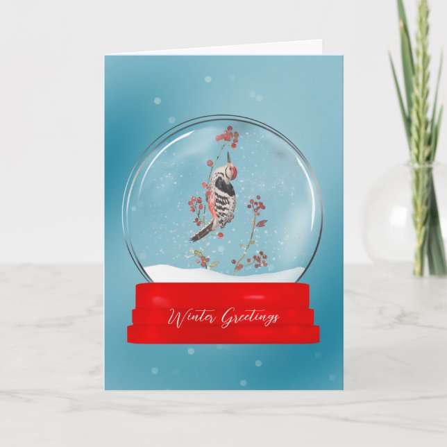 Bird and Berry Branch Snow Globe Christmas Card (Front)