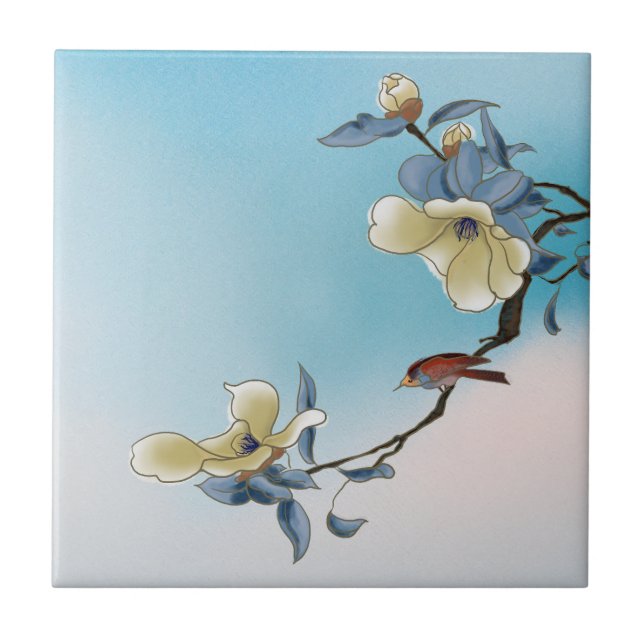 Bird and Bloom Art Garden Scenes Blue & White Tile (Front)
