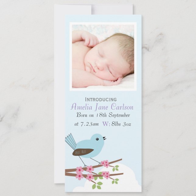 Bird and Blossom Custom Photo Birth Announcement (Front)