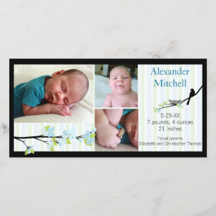 Bird and Blossoms in Blues Birth Announcement