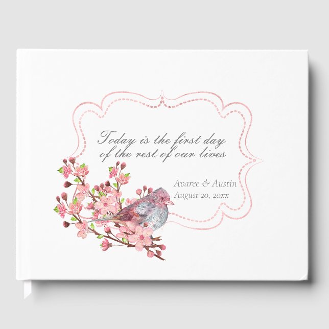 Bird and Cherry Blossoms Wedding Guest Book (Front)