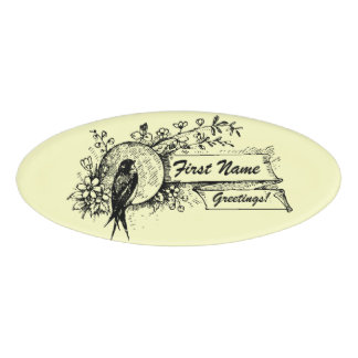 Bird and Delicate Floral Design with Text Ribbons Name Tag
