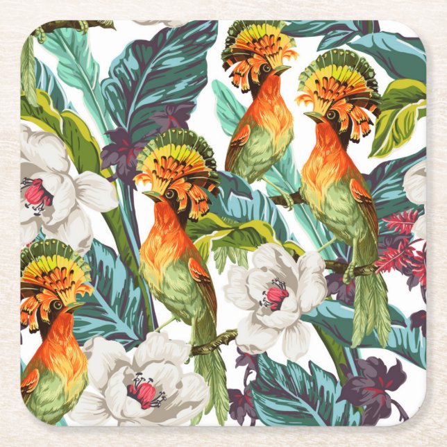 Bird And Exotic Flower Pattern 2 Square Paper Coaster (Front)
