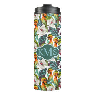 Bird And Exotic Flower Pattern   Monogram Thermal Tumbler