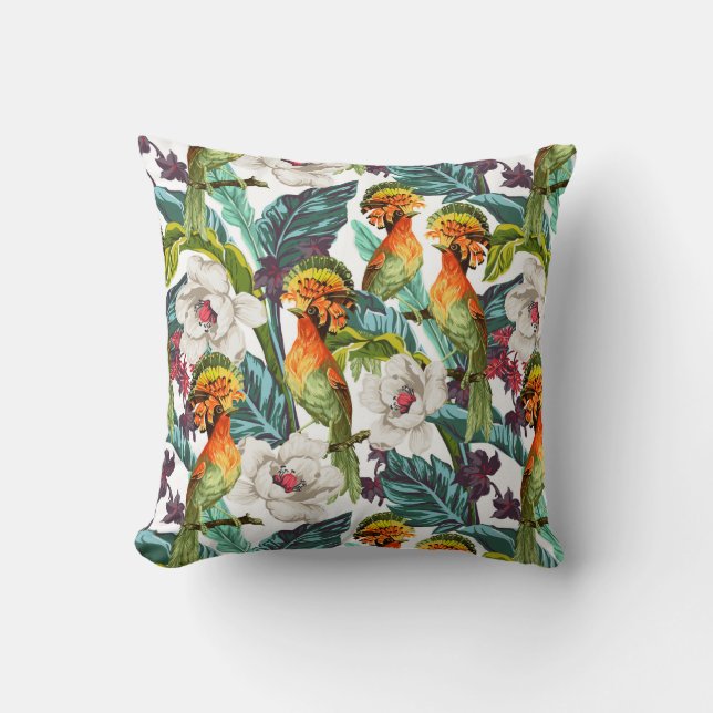 Bird And Exotic Flower Pattern Throw Pillow (Front)