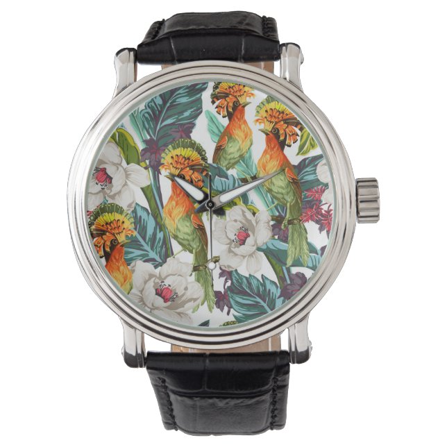 Bird And Exotic Flower Pattern Watch (Front)