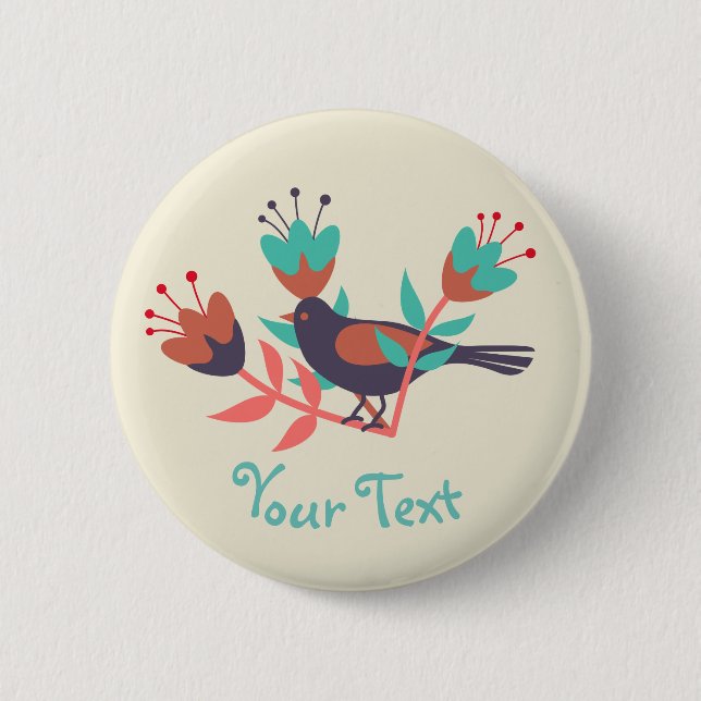 Bird and Floral Folk Art Custom Text 2 Inch Round Button (Front)
