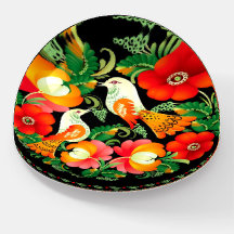 Bird and Floral Folk Art Glass Paperweight
