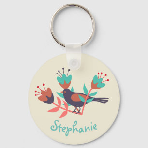 Bird and Floral Folk Art Keychain