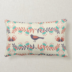 Bird and Floral Folk Art Lumbar Pillow
