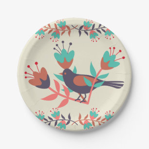 Bird and Floral Folk Art Paper Plate