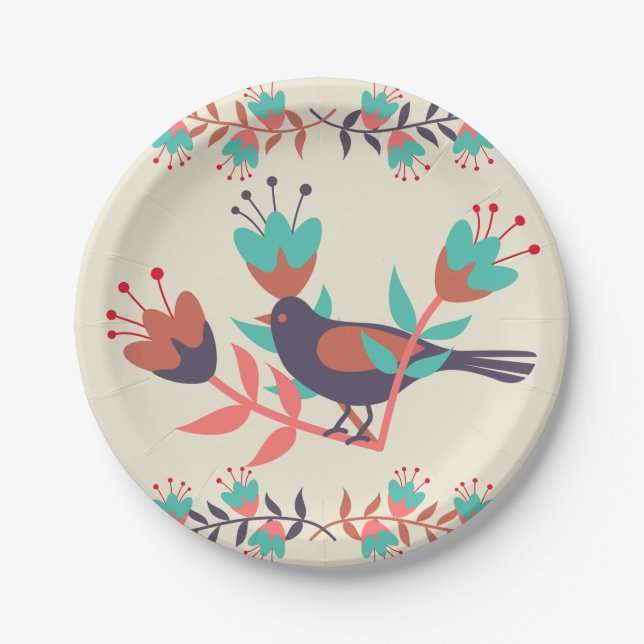 Bird and Floral Folk Art Paper Plate (Front)