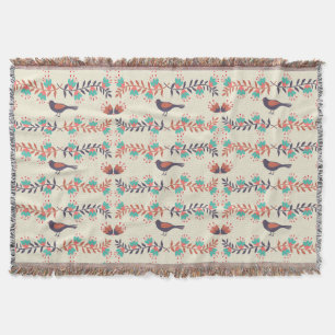 Bird and Floral Folk Art Pattern Throw Blanket