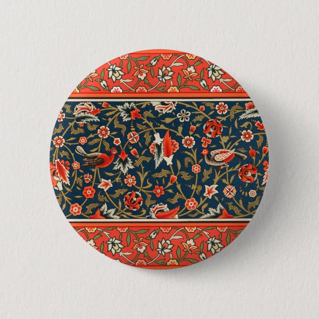 Bird and Flower Persian Blue Red Pattern 2 Inch Round Button (Front)