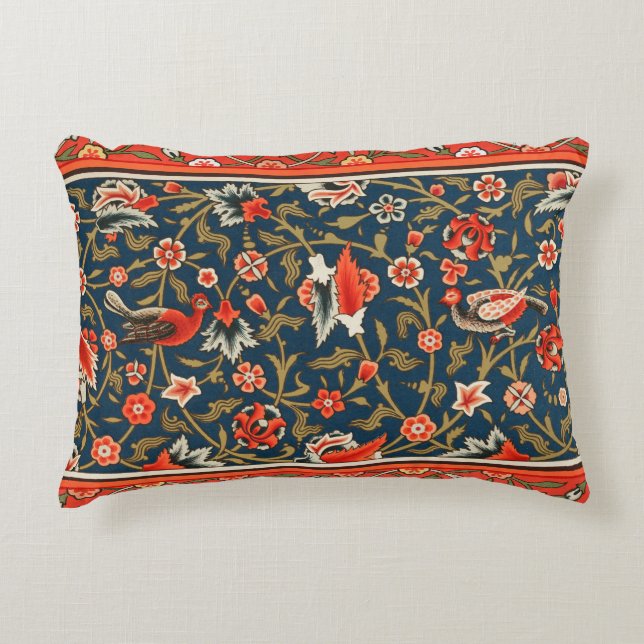 Bird and Flower Persian Blue Red Pattern Accent Pillow (Front)