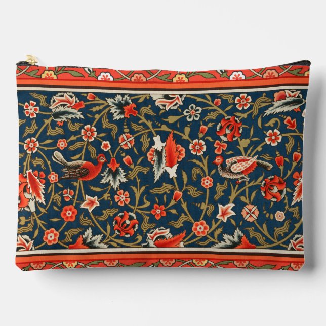 Bird and Flower Persian Blue Red Pattern Accessory Pouch (Front)