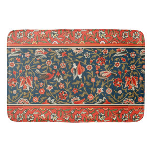 Bird and Flower Persian Blue Red Pattern Bath Mat