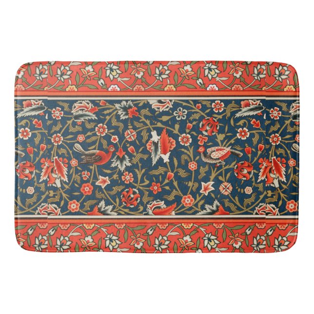 Bird and Flower Persian Blue Red Pattern Bath Mat (Front)