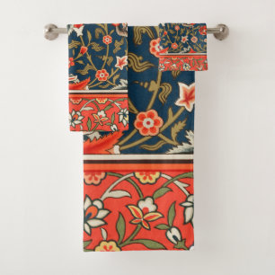 Bird and Flower Persian Blue Red Pattern Bath Towel Set