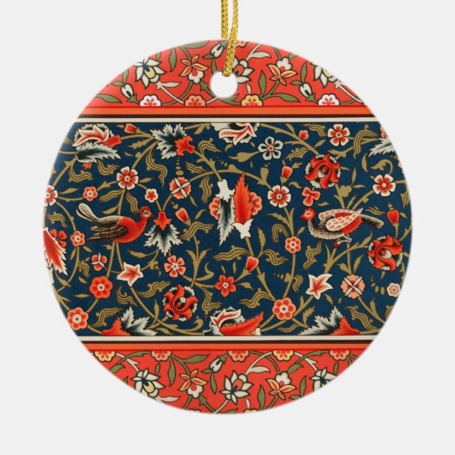 Bird and Flower Persian Blue Red Pattern Ceramic Ornament (Front)
