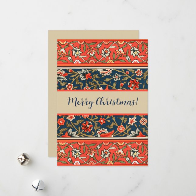 Bird and Flower Persian Blue Red Pattern Holiday Card (Front/Back In Situ)