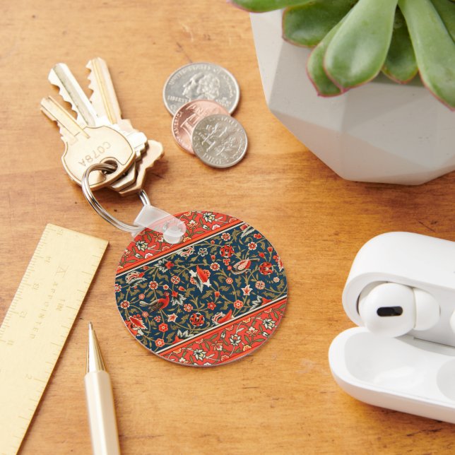 Bird and Flower Persian Blue Red Pattern Keychain (Desk)