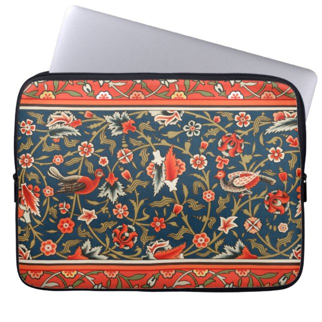 Bird and Flower Persian Blue Red Pattern Laptop Sleeve (Front)