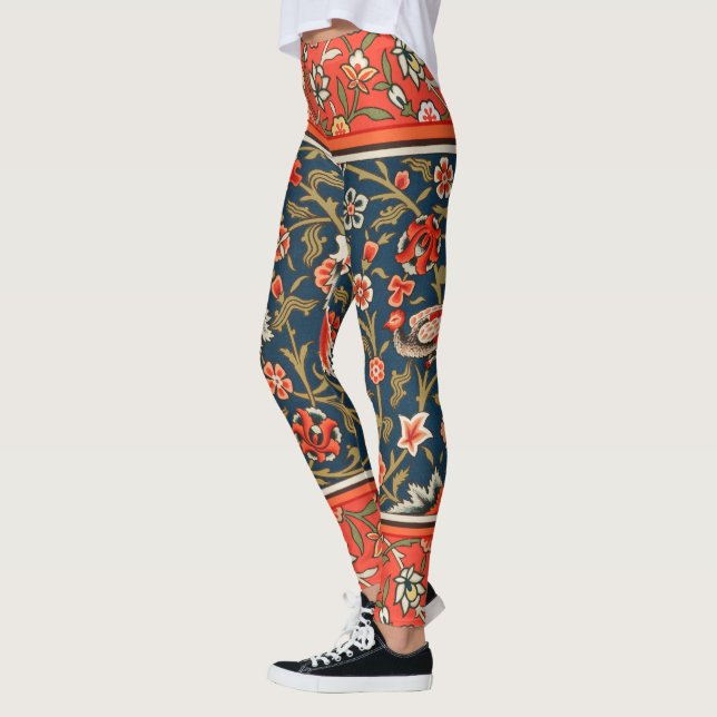 Bird and Flower Persian Blue Red Pattern Leggings (Left)