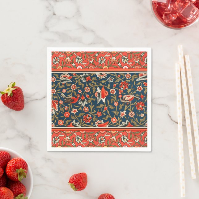 Bird and Flower Persian Blue Red Pattern Napkin (Insitu)