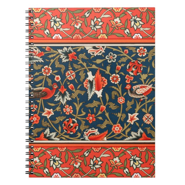 Bird and Flower Persian Blue Red Pattern Notebook (Front)