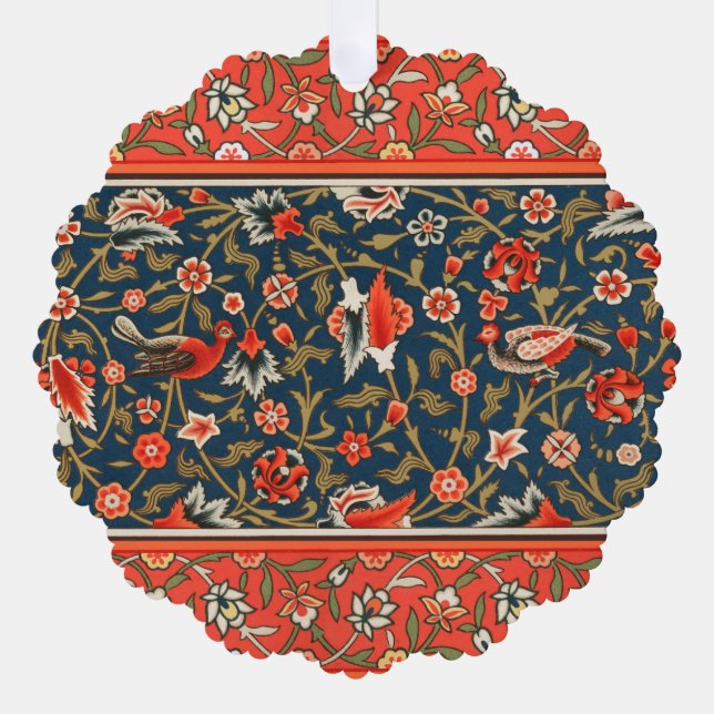 Bird and Flower Persian Blue Red Pattern Ornament Card (Front)