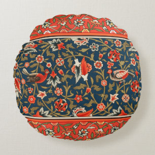 Bird and Flower Persian Blue Red Pattern Round Pillow