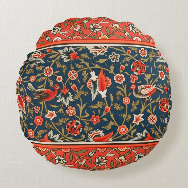 Bird and Flower Persian Blue Red Pattern Round Pillow (Front)