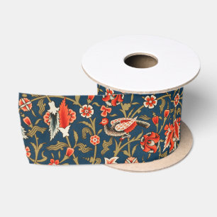 Bird and Flower Persian Blue Red Pattern Satin Ribbon